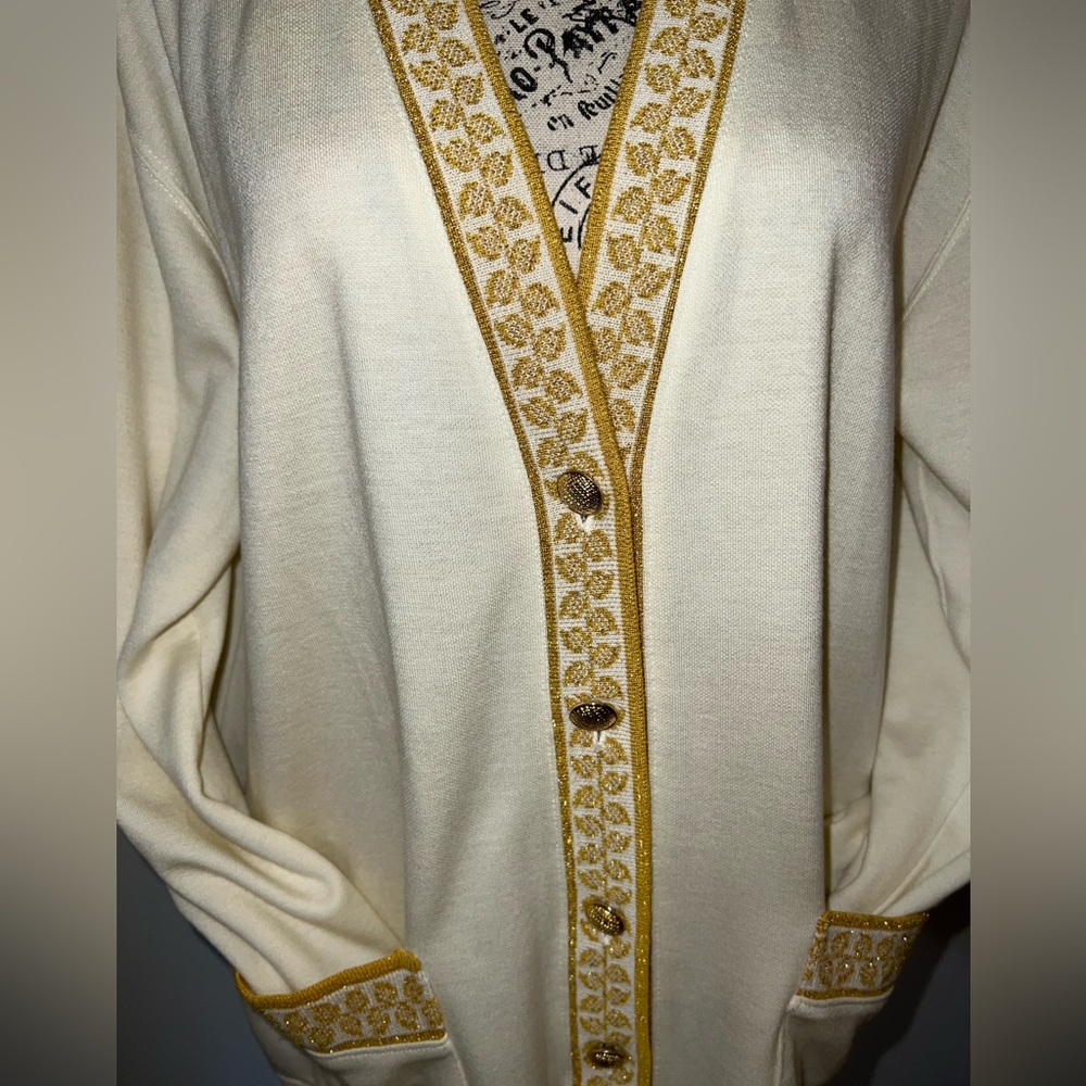 Cathy Daniel’s 90s Vintage Ivory & Gold Trim Cardigan/Size Large - Picture 3 of 14